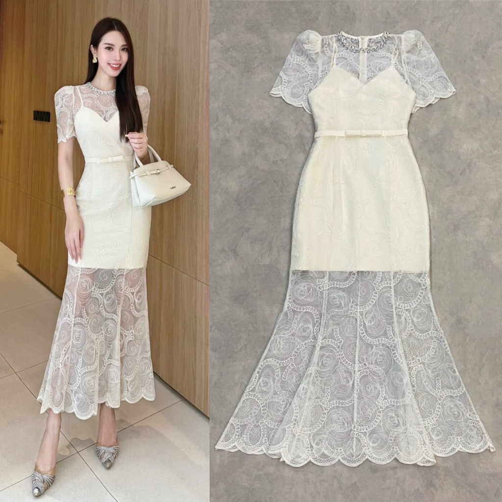 🏷️LALABELLE เซต2ชิ้น เดรสลูกไม้ปักลาย เดรสออกงาน ชุดราตรี เรียบหรู ไปงานแต่ง
