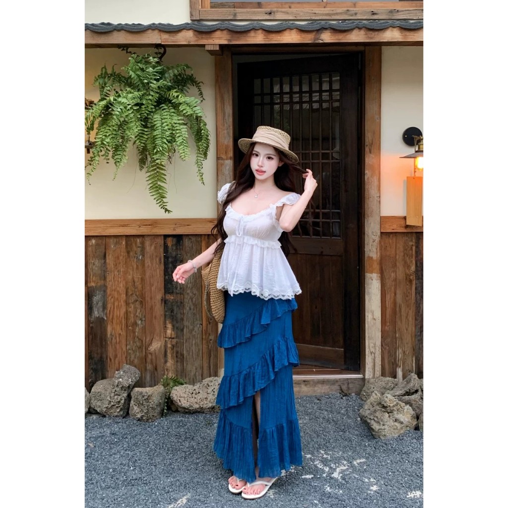 set 2 pcs.เสื้อคอเหลี่ยมแขนระบายมาพร้อมกระโปรงตัวยาว
