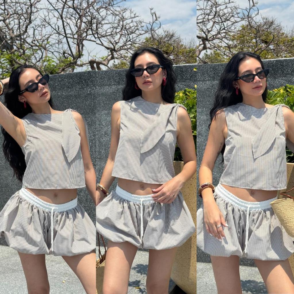 Atipashop - Coastal Ease Set (#25382) ชุดเซ็ตผู้หญิง เสื้อกล้ามริ้วและกระโปรงบอลลูน