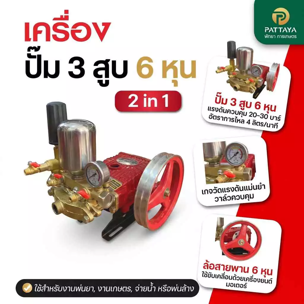 ปั๊ม 3 สูบพ่นยา 2 in 1 หม้อลม 6 หุน น้ำย้อนเปิดอัตโนมัติ ปั๊มพ่นยา ปั๊มสามสูบพ่นยา พ่นยา ปั๊มอัดแรงดัน