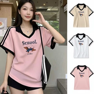 เสื้อปกทรงสเก็ตสวยๆผู้หญิงแฟชั่นมาใหม่ oversize เสื้อผ้าสาวอวบไซส์ใหญ่น่ารัก เสื้อยืดคอวีทรงหลวมสไตล์เกาหลี preppy style
