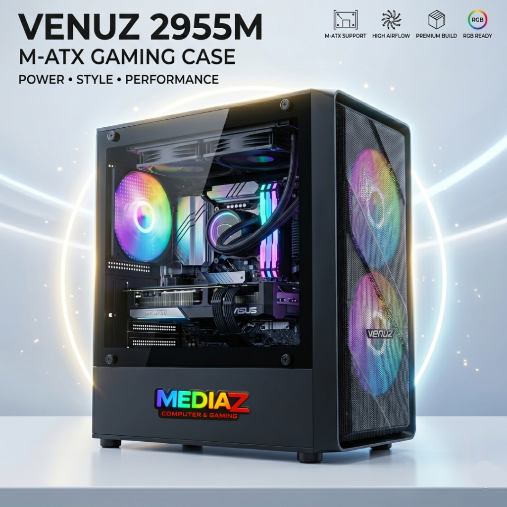 ส่งทันที เคส mATX พัดลมใหญ่ 140มม. ฝากระจกนิรภัย หน้า mesh โปร่งเย็น Case Venuz 2955M MicroATX