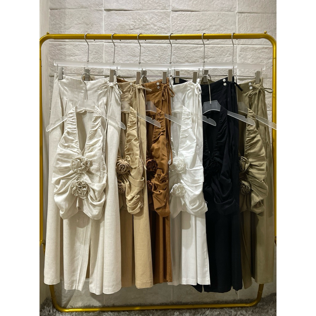 T46002เสื้อคล้องคอ/กางเกงขายาวผ้าลินิน
