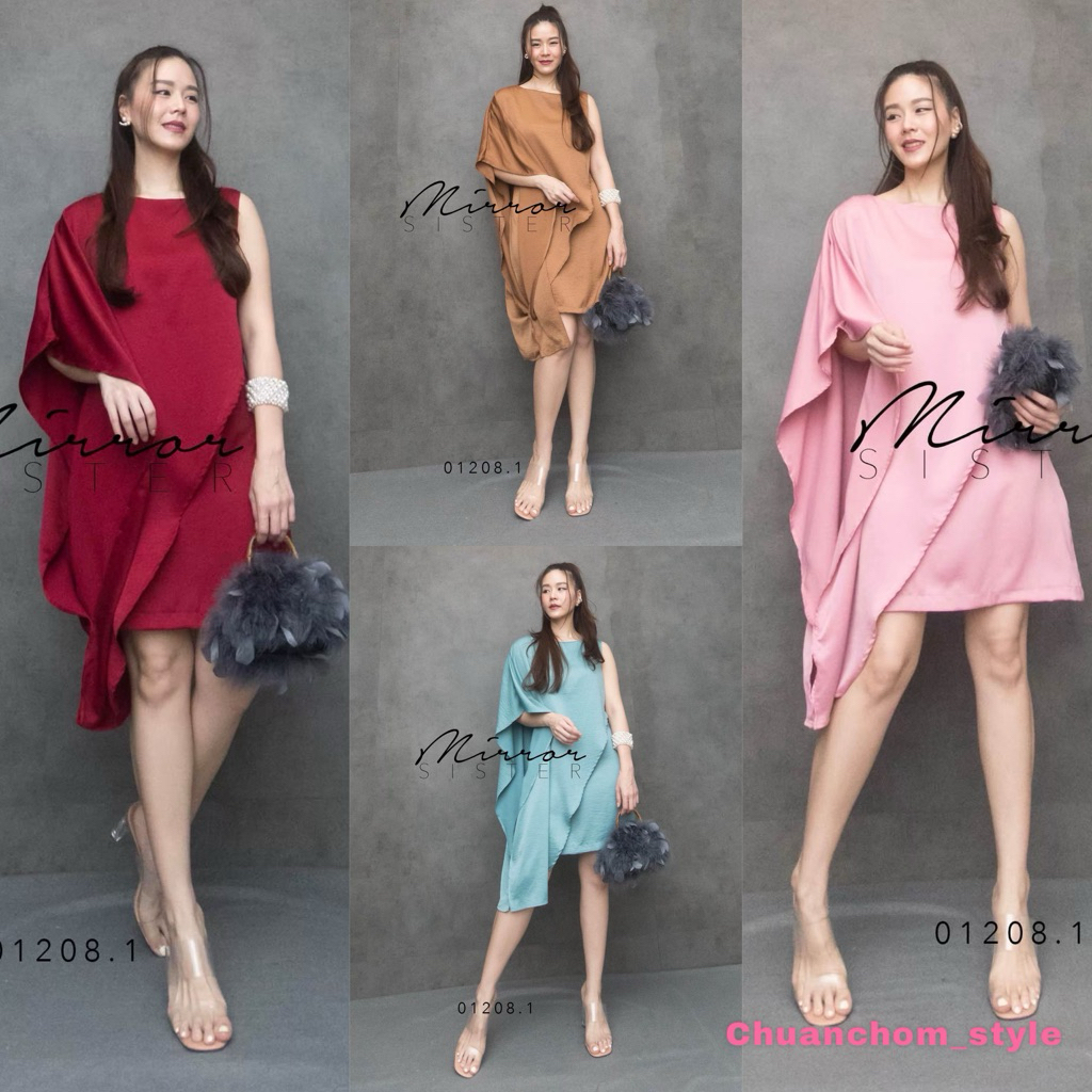 Mirrorsister 01208.1 เดรสออกงาน เดรสซาตินเนื้อดี มีน้ำหนัก ทรงเก๋ดีไซน์แขน2ข้างต่างสไตล์