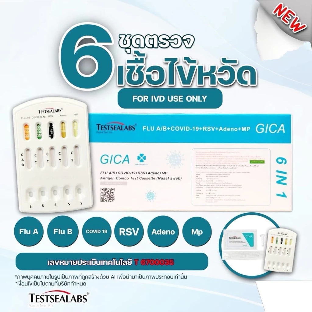 ชุดตรวจ 6 เชื้อ RSV ไมโคพลาสมา หวัดใหญ่ab อะดีโน โควิด [1กล่อง] GICA กีก้า6in1 ชุดตรวจไข้หวัด ชุดตรวจATK MP จิก้า