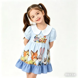 BB253 ชุดเด็กลายการ์ตูนสัตว์ เซ็ตพี่น้อง เด็กผู้หญิงเดรสคอบัว เด็กผู้ชายเสื้อเชิ้ตกางเกงขาสั้น