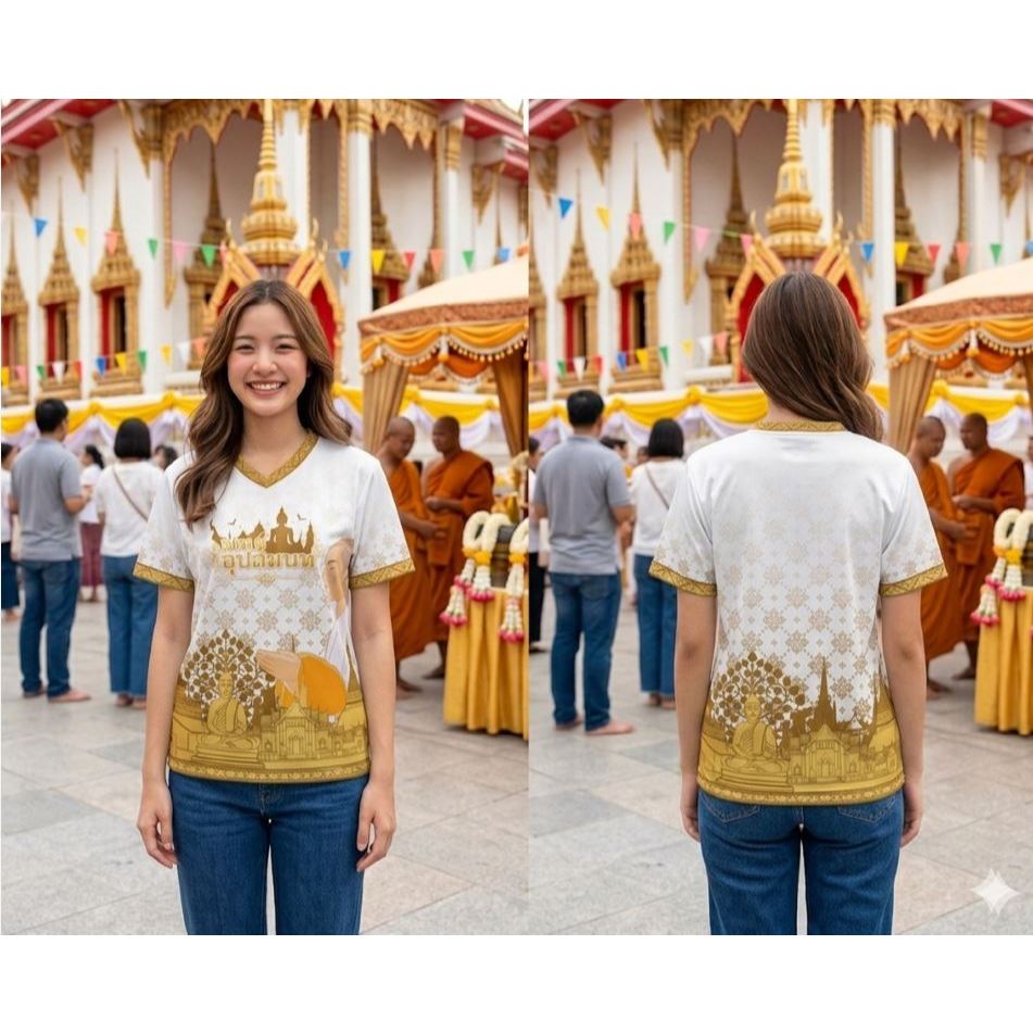 เสื้องานบวช พิมพ์ลาย สีขาวทอง คอวี แขนสั้น ใส่ได้ทุกเพศ