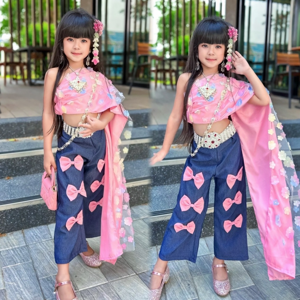 ชุดไทยเด็กหญิงสไบ+กางเกง ไทยประยุกต์ร่วมสมัย (ไม่รวมเครื่องประดับ)สวมใส่น่ารักสุดๆ(รหัสND)