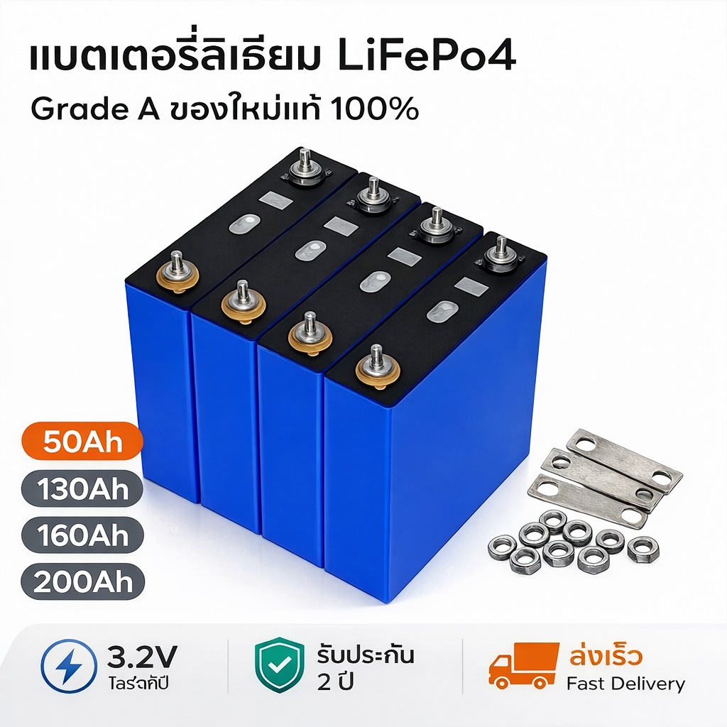 แบตเตอรี่ลิเธียม LiFePo4 Grade A ของใหม่แท้ 100% 3.2v 50Ah 130Ah 160Ah 200Ah battery  แบตลิเธี่ยม