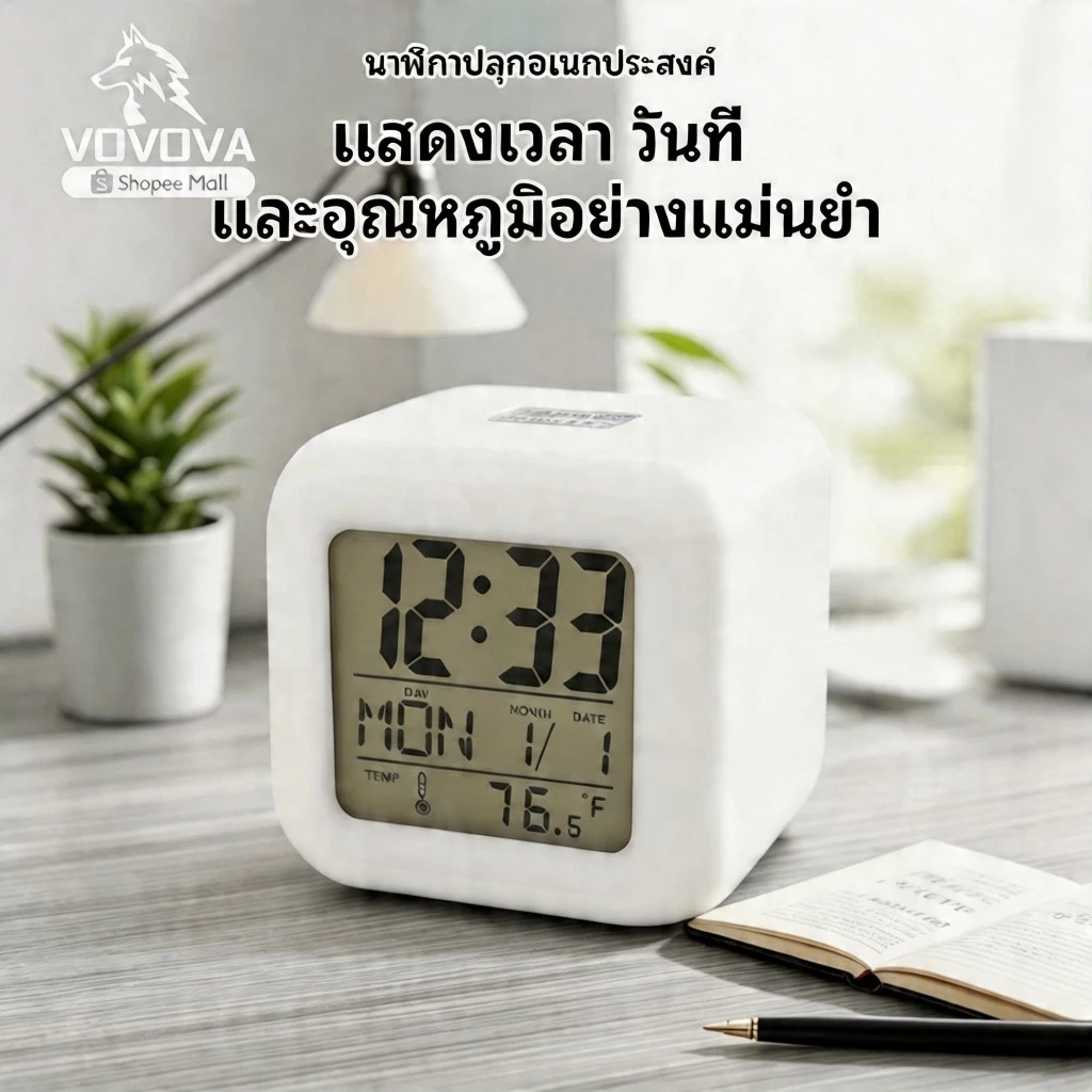 นาฬิกาทรงลูกเต๋า ตั้งโต๊ะดิจิตอลพร้อมไฟ LED แสดงเวลา วันที่ เดือน สัปดาห์ วัดอุณหภูมิได้ นาฬิกาปลุก LED Table Clock