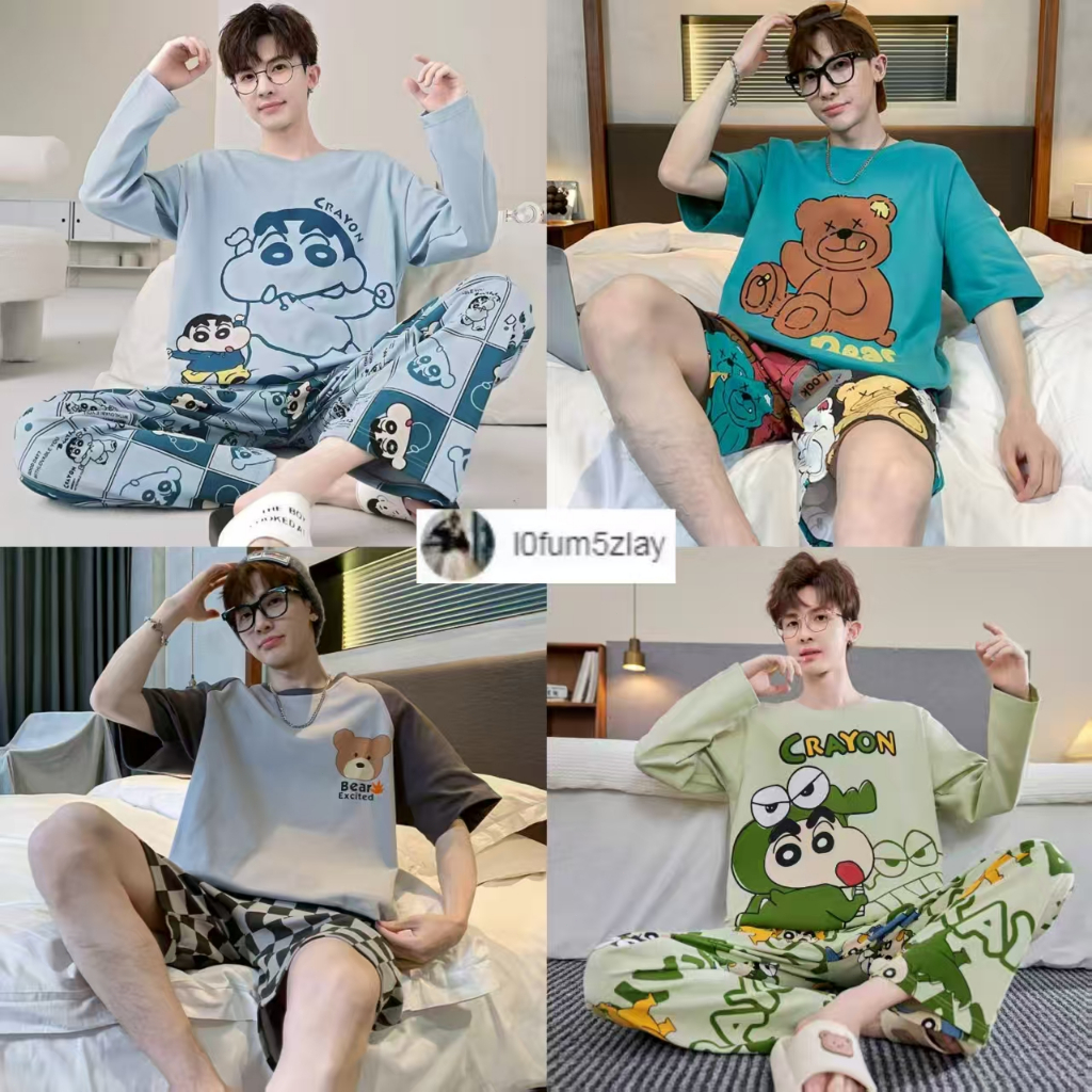 M-4XL，(ส่งมาจากประเทศไทย)ส่งมอบทันที,，ชุดนอนผู้ชายเวอร์ชั่นเกาหลี， ผ้าฝ้ายคุณภาพดี， ลายตัวอักษร， ขาสั้น+เสื้อยืดF809
