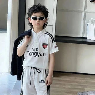 ชุดลำลองแฟชั่นสำหรับเด็ก เสื้อแขนสั้นคอตั้ง เสื้อแขนสั้น+กางเกงขาสั้น ชุดกีฬาสำหรับเด็ก ดีไซน์สไตล์เกาหลี