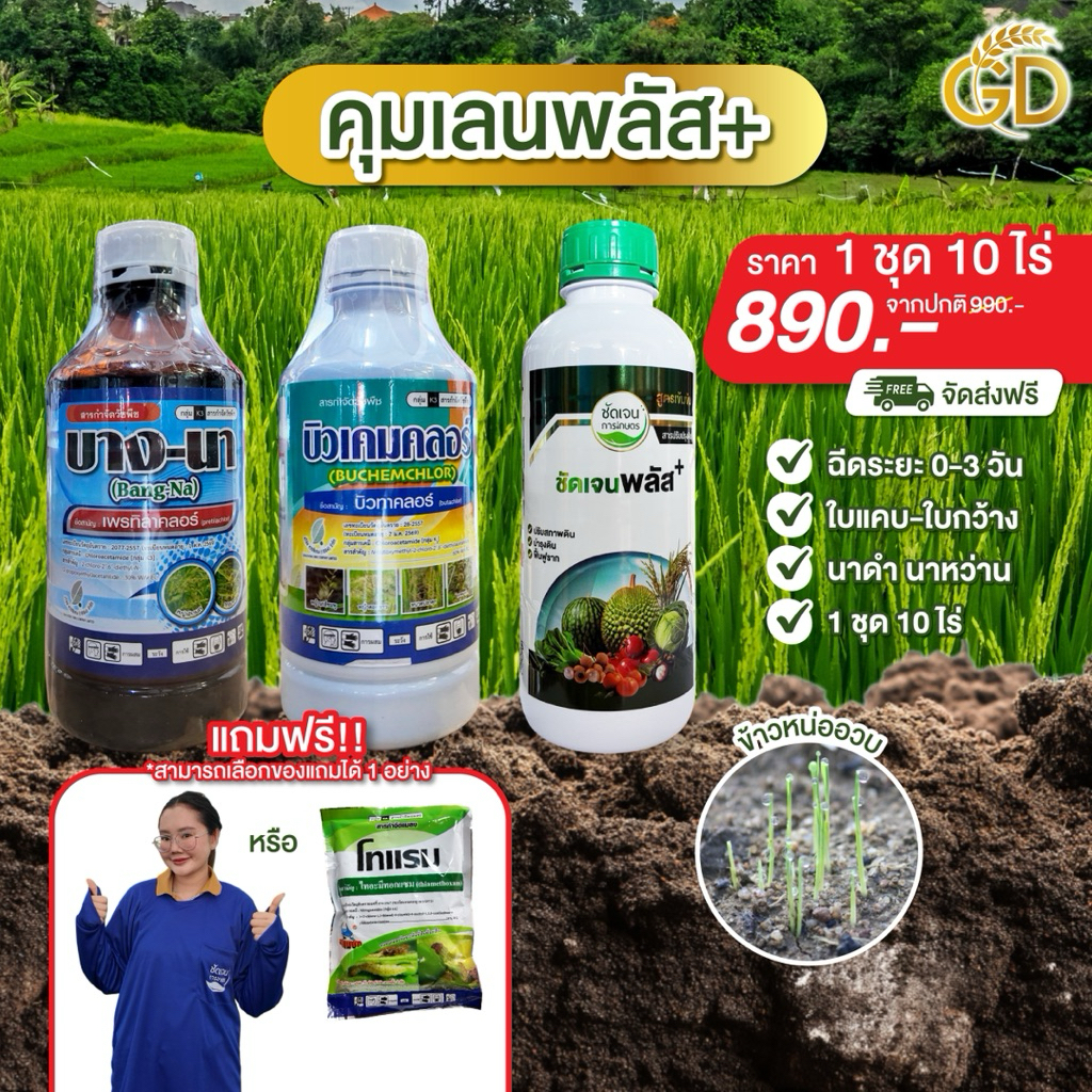 ชุดคุมเลนพลัส(สูตร2) บางนา+บิวเคมคลอร์+ชัดเจนพลัส หน่อไม่หงิก ปลอดภัยต่อข้าว 1 ชุดได้10 ไร่