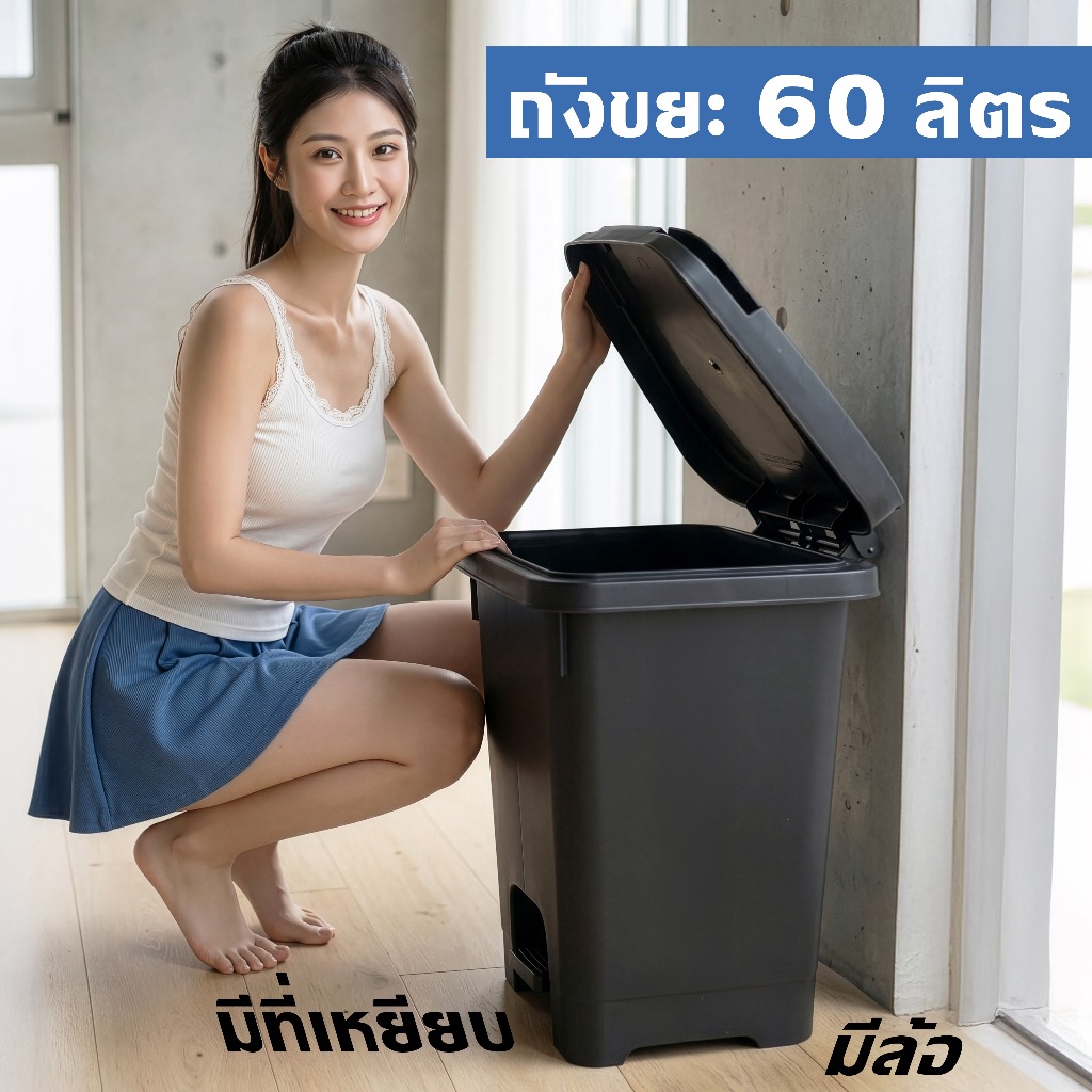ถังขยะ 60 ลิตร มีล้อ มีที่เหยียบได้ ฝาเปิด-ปิด ทนทาน ใบใหญ่ ถังขยะพลาสติก - 0330