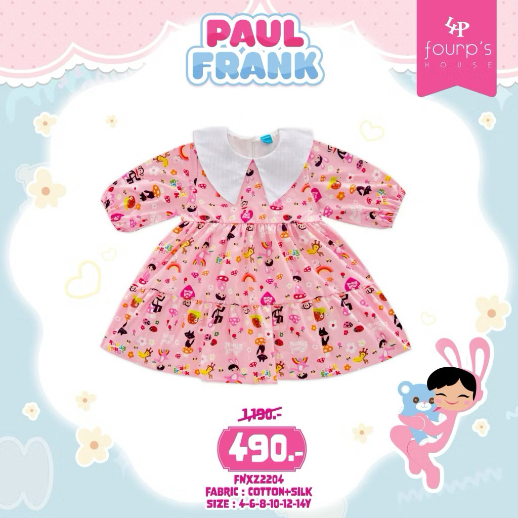 (New!) Fourp’s house : PAUL FRANK 🐵 ชุดเดรสคอปกสีชมพู / 4Y
