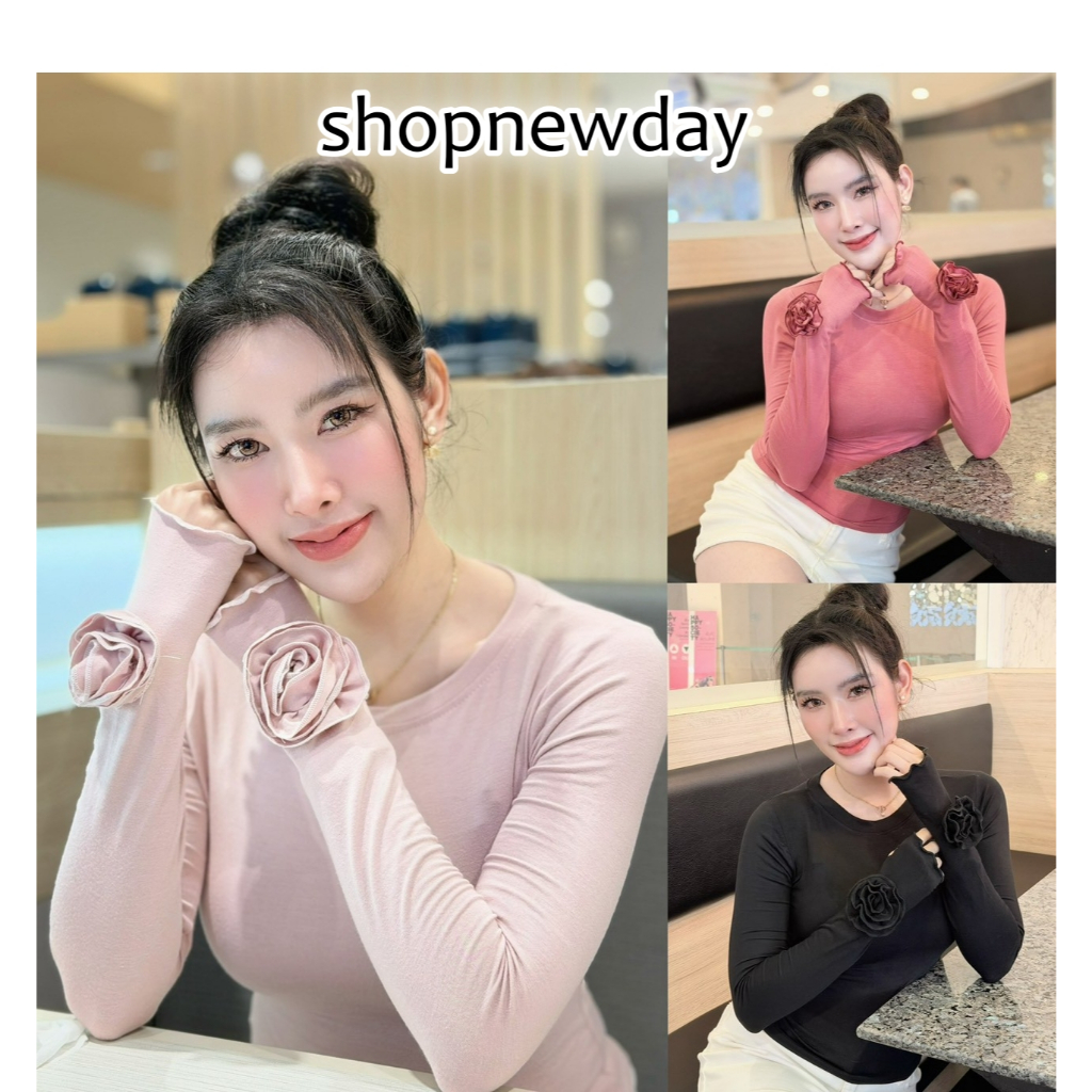 เสื้อแฟชั่น ผ้า Rayon แขนยาวแต่งกุหลาบ 3D ผ้ายืด เข้ารูป ใส่สบาย ใส่แมท LG170