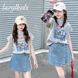 Beryl kids🌸กางเกงยีนส์ขาสั้นเด็ก🎀กางเกงกระโปรงยีนส์สำหรับเด็กผู้หญิง ผ้าทนทาน เอวยางยืด พร้อมกระดุม สไตล์เกาหลี