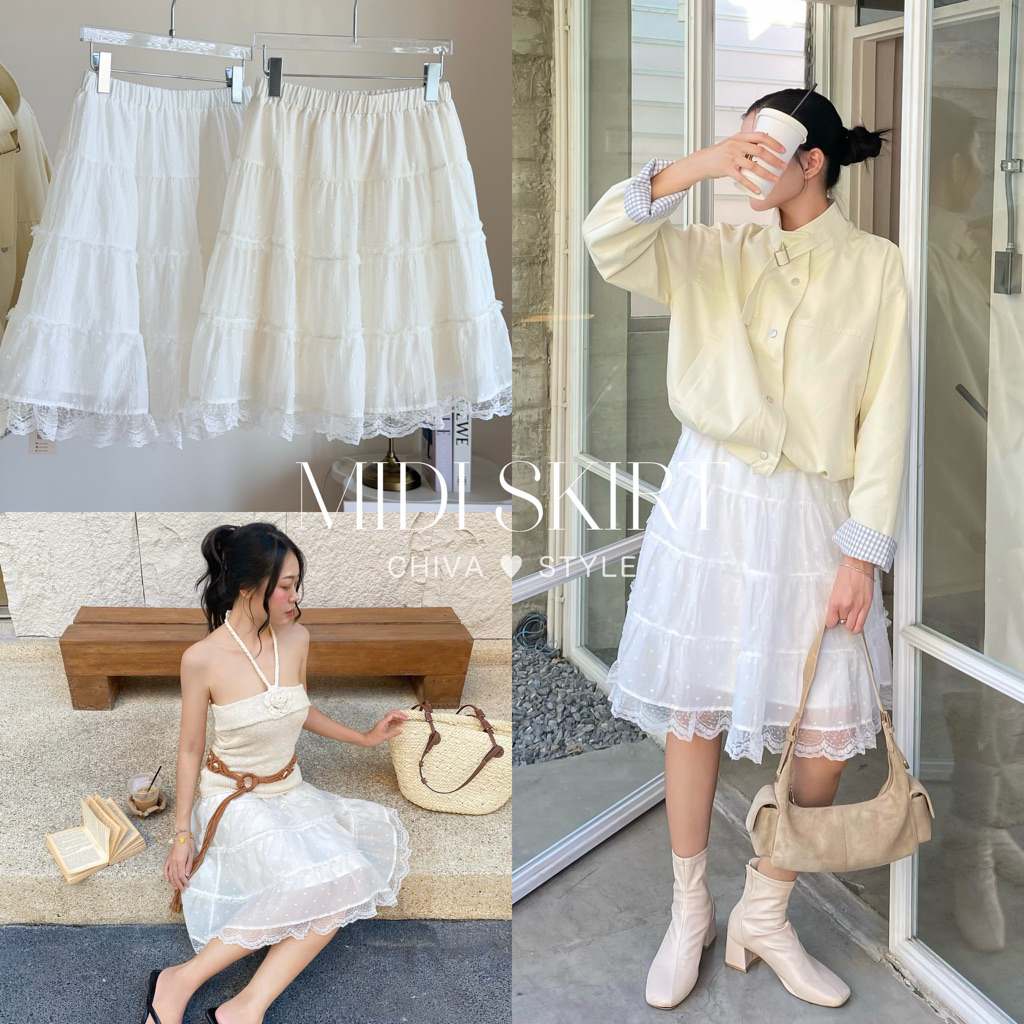 -𝐂𝐡𝐢𝐯𝐚- MIDI LACE SKIRT | กระโปรงลูกไม้ทรงมิดิ (มีซับใน)✨