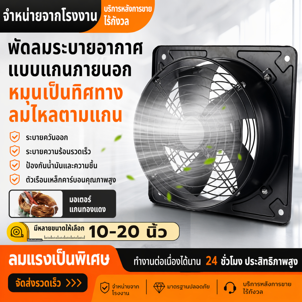 พัดลมดูดอากาศติดผนัง 10-20 นิ้ว มอเตอร์ทองแดงแท้ กำลังสูงสุด แรงลมจัด บานเกล็ดอัตโนมัติกันฝุ่น-แมลง ใช้ต่อเนื่องในโรงงาน