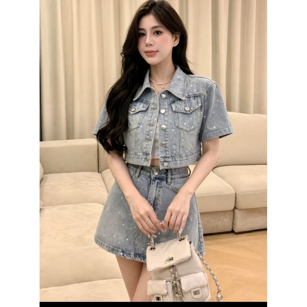 ชุดเซ็ทยีนส์ 2ชิ้นสไตล์เกาหลี มีเสน่เสื้อแจ็กเก็ตแต่งเพชรติด+กระโปรงสั้นเอวสูงทรงเอไลน์ใส่แล้วดูเท่ น่ารัก มีสไตล์