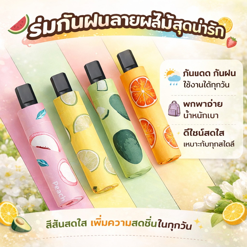 ร่มพับ ร่มน้ำหนักเบาสีสันสดใส ป้องกันรังสียูวีได้อย่างมีประสิทธิภาพ กันน้ำ IPX5 ร่มสีผลไม้น่ารัก