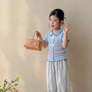 เสื้อยืดแขนสั้นสำหรับเด็กผู้หญิง ดีไซน์เก๋และน่ารัก ตกแต่งด้วยโบว์สามมิติ ทำจากผ้าไหมน้ำแข็งเนื้อเบาและระบายอากาศได้ดี