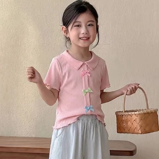 เสื้อยืดแขนสั้นสำหรับเด็กผู้หญิง ดีไซน์เก๋และน่ารัก ตกแต่งด้วยโบว์สามมิติ ทำจากผ้าไหมน้ำแข็งเนื้อเบาและระบายอากาศได้ดี