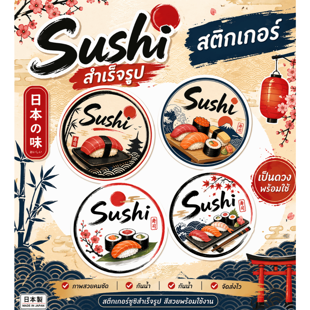 สติกเกอร์ซูชิ Sushi โลโก้ ฉลากสินค้า (สำเร็จรูป,กันน้ำ)