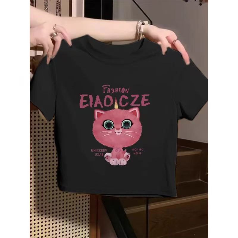 เสื้อครอปคอกลม แขนสั้น สกรีนลายสวยๆ E8025