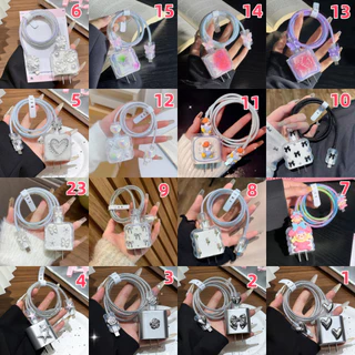 1ชุด 5ชิ้น ชุดถนอมสายชาร์สำหรับ ไอโฟน ชุดเเต่งสาย สำหรับ สายชาร์จ 20วัต เคสหัวชาร์จ Adapter 20w กันสายหัก ลายการ์ตูน