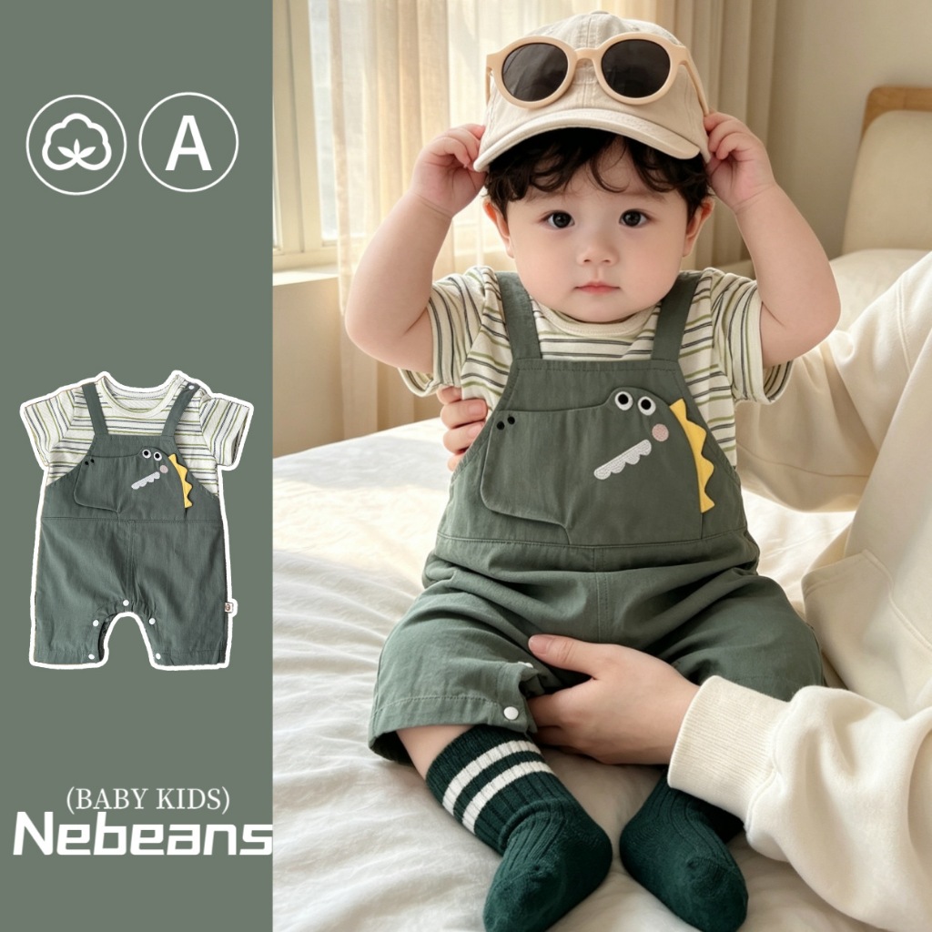 NT baby -221 สินค้าพร้อมส่งจากไทย ชุดจั๊มสูทเด็ก “Dino Stripe Jumpsuit” 🐊🌿 ลุคน่ารักสไตล์มินิมอล
