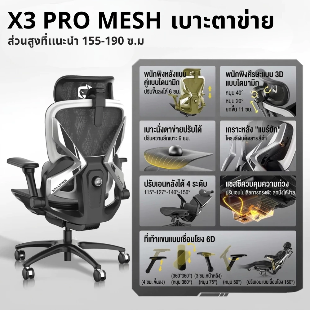 XALLKING X3Series เก้าอี้เกมมิ่ง Ergonomic Gaming Chair ปรับเอนได้ นั่งนานไม่เมื่อย รองรับสรีระ thumbnail 5