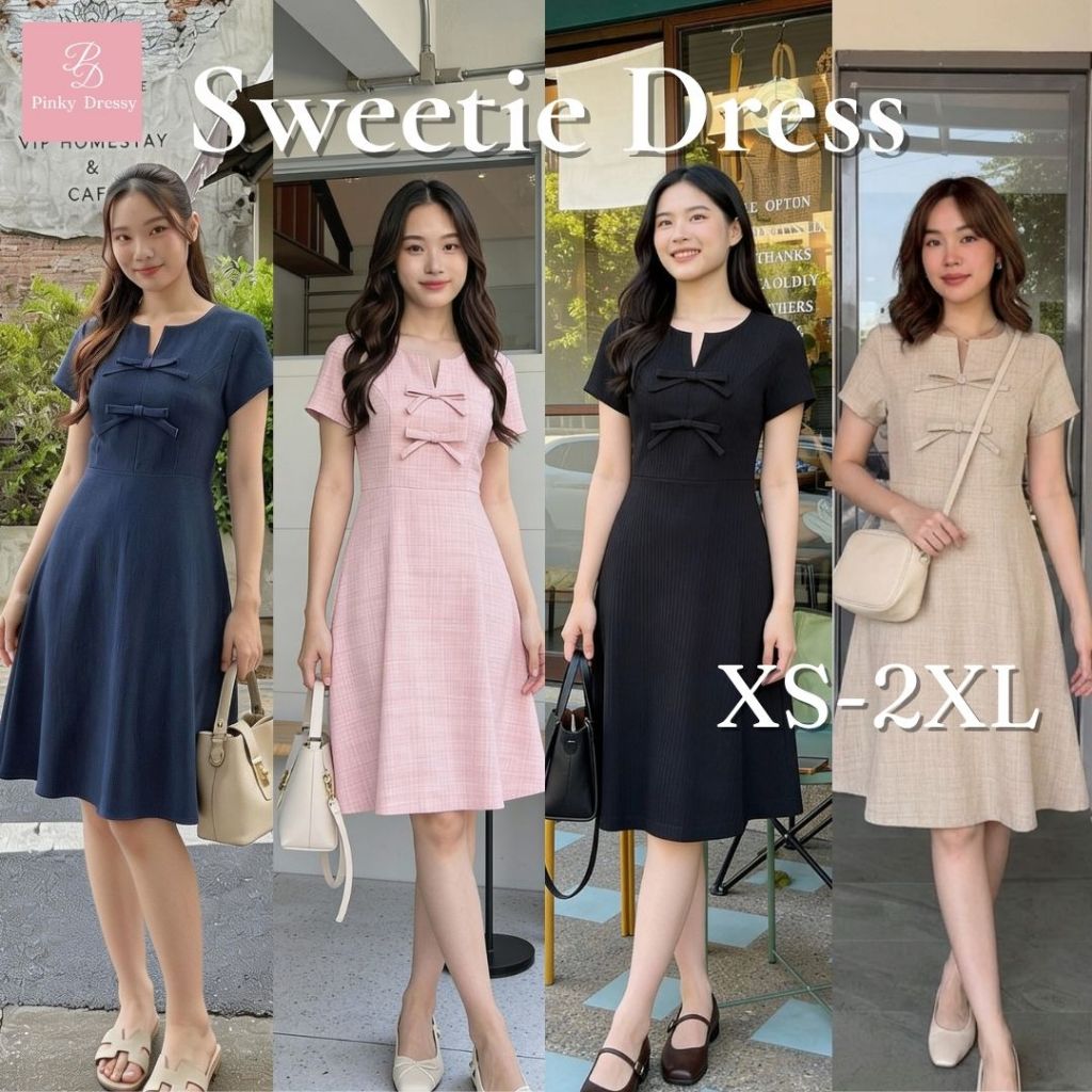 PNK045 Sweetie Dress✨ เดรสแขนสั้น ผ้าทวีต กระโปรงบาน มีโบว์หน้า ลุคคุณหนูสไตล์เกาหลี Pinky Dressy