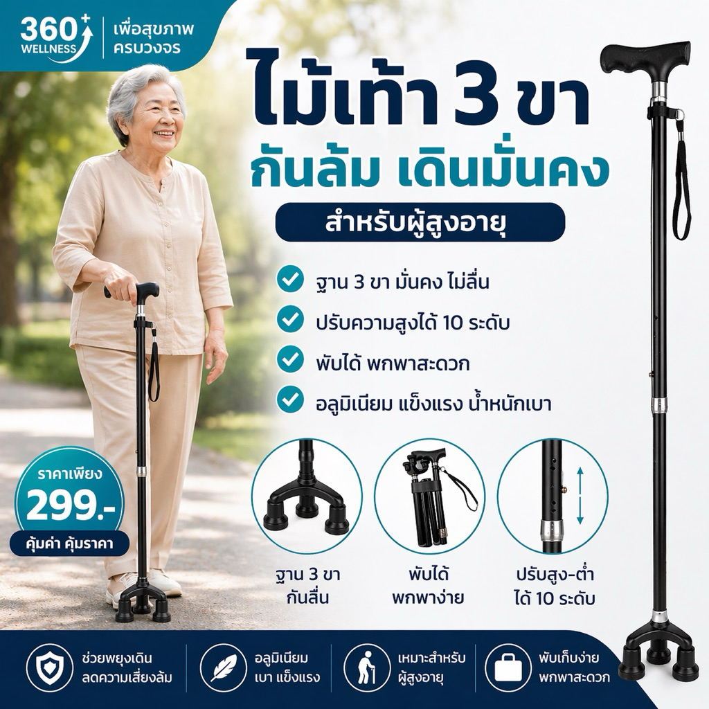 ไม้เท้าผู้สูงอายุ 3 ขา กันล้ม เดินมั่นคง พับได้ ปรับระดับ เบา แข็งแรง ฐานกันลื่น Walking Cane