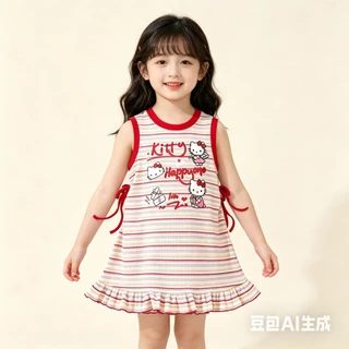 BB254 เดรสเด็กผู้หญิงลายคิตตี้ แขนกุด ลายทาง แต่งโบว์ข้าง น่ารักสดใส ใส่สบาย สไตล์เกาหลี