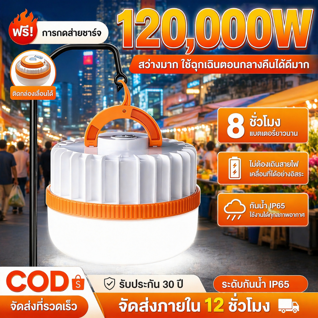 หลอดไฟ พกพา 120,000W หลอดไฟ led72hสว่างมากแต่ประหยัดไฟมาก ไฟฉุกเฉิน แบบชาร์จไฟได้ หลอดไฟ พกพา 3 โหมด ไฟฉุกเฉิน กลางแ