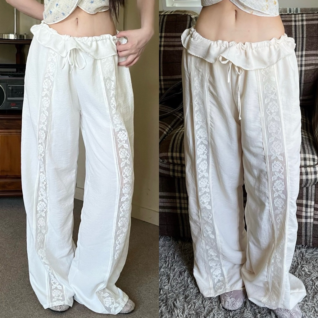 Petite♡︎ Lace pants กางเกงขายาวผ้าปักลูกไม้ แต่งเอวระบายเพิ่มกิมมิคน่ารัก เอวยางยืดใส่สบาย