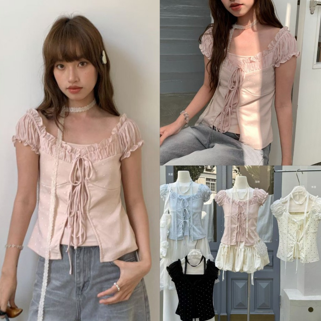 ❤ 🧵 🇰🇷 MO6031282 เสื้อแขนกุด ผ้ายืด ทรงแขนแต่งย่น ลายจุด แต่งสองชั้น ช่วงอกแต่งเชือกมักโบว์ แฟชั่นเกาหลี TAG KOREA  ✈