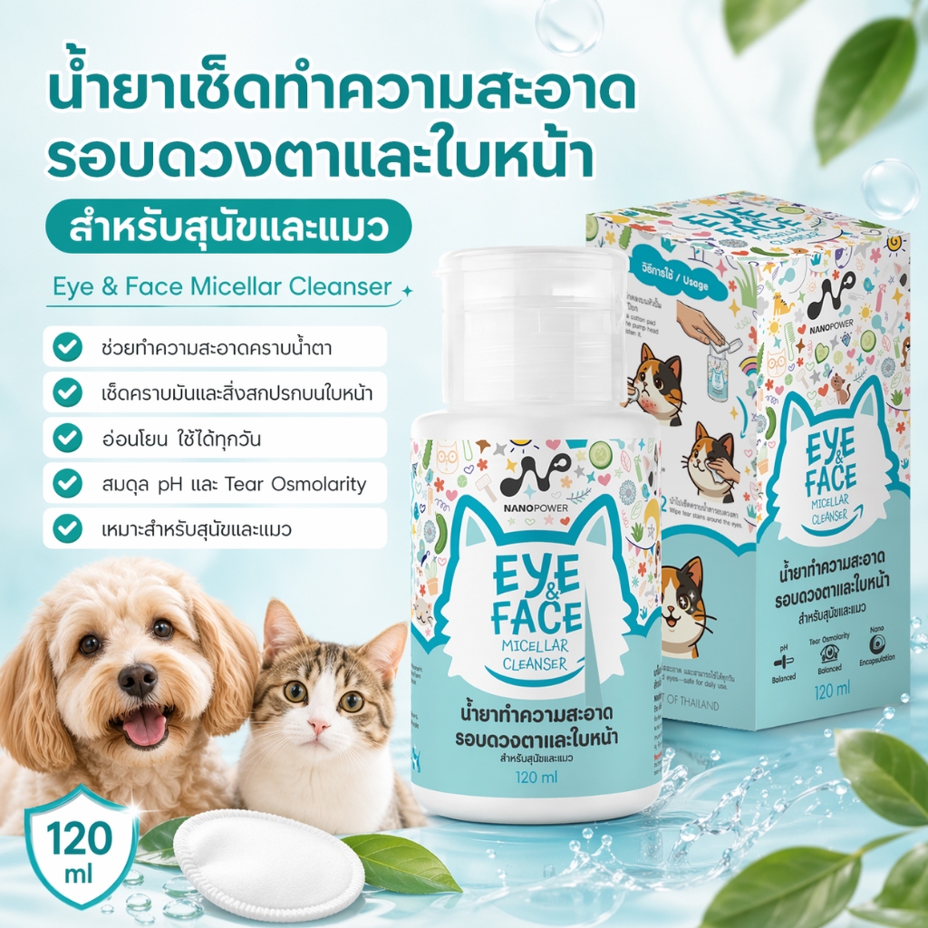 NANOPOWER EYE & FACE Micellar Cleanser 120 ml. - น้ำยาทำความสะอาดรอบดวงตาและใบหน้า สำหรับสุนัขและแมว 120 มล.
