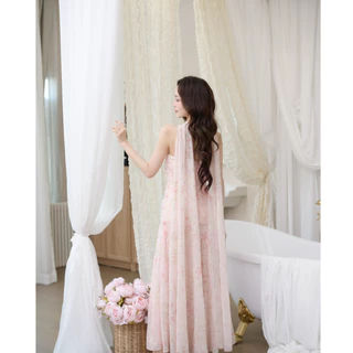 Pirunya - Long Dress 20 เดรสยาวเกาะอก จับเดรป กระโปรงระบาย พร้อมผ้าคาดคอ (ผ้าพิมพ์ลาย Blush Garden)