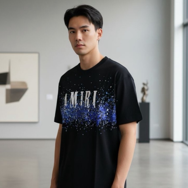 เสื้อยืด Amiri119 งานสลัดสี สาดสีกลางตัว สีดำ-สีขาว  งานฮิต งานของ "ร้านยีนส์เจริญ"