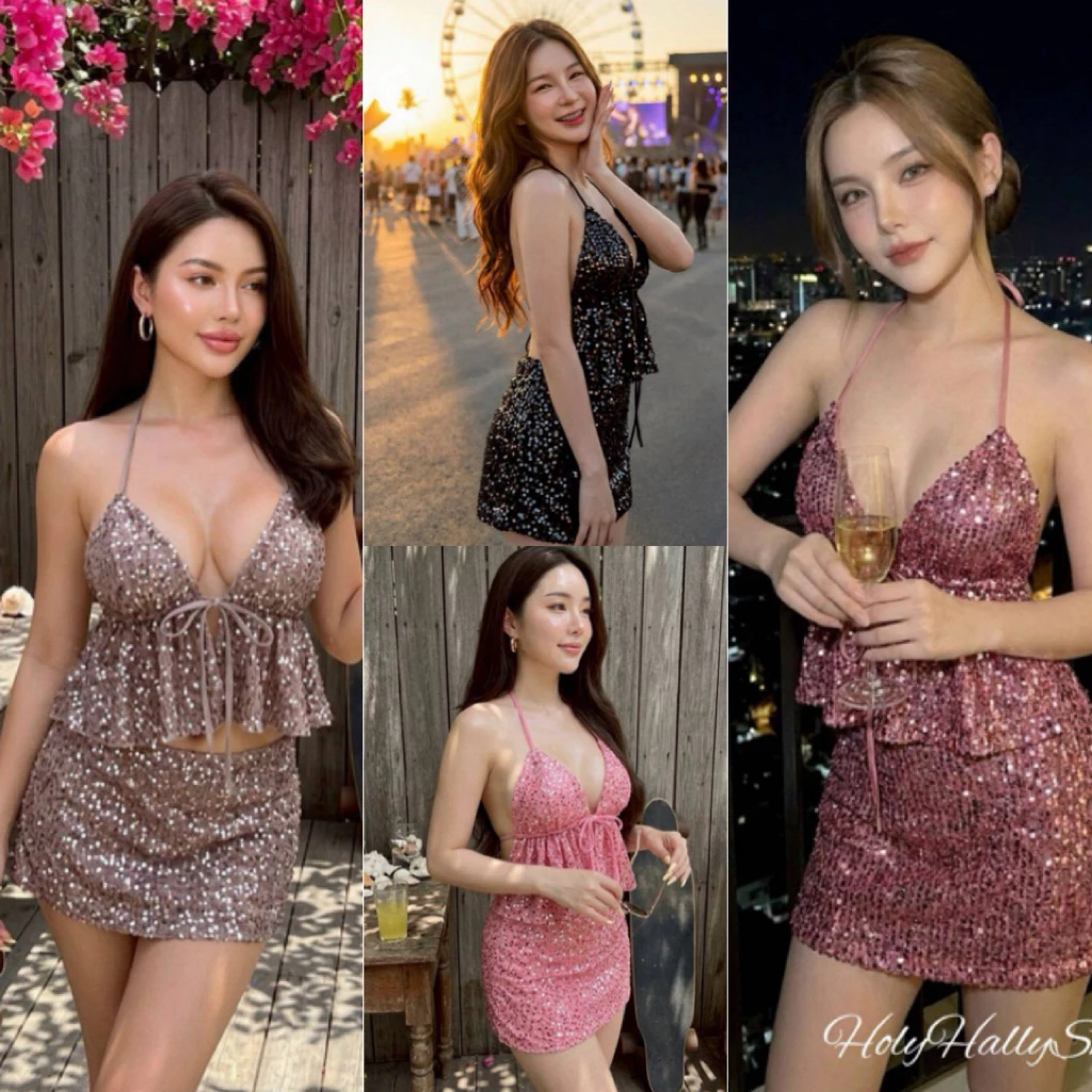 💕ShopBypuy💕ชุดเซ็ตวิ้งๆเกร็ดกลิตเตอร์สุดเซ็กซี่เสื้อแหวกหน้า+กระโปรง