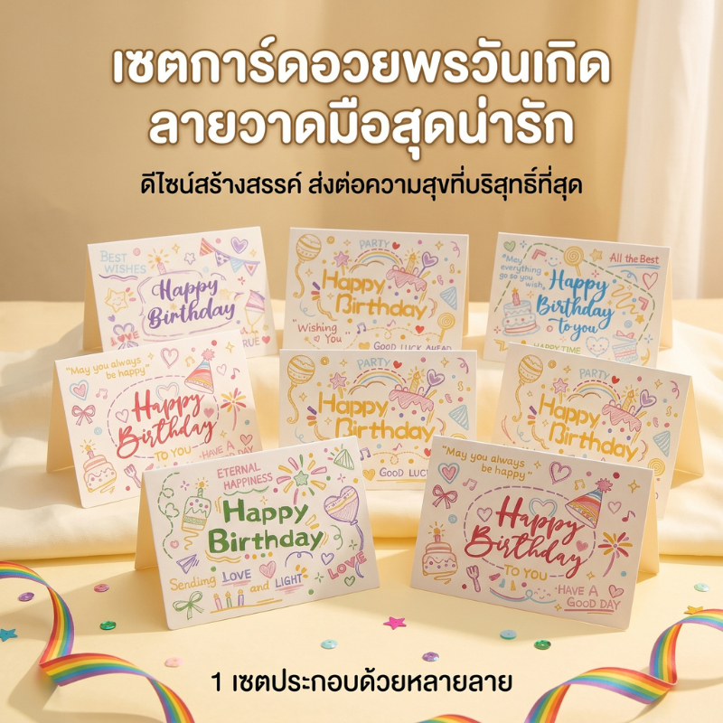 ส่งจากกรุงเทพ 24ชม การ์ดวันเกิดลายมือ สไตล์สวยงาม เขียนข้อความอวยพรได้ เหมาะวันสำคัญ Birthday Card