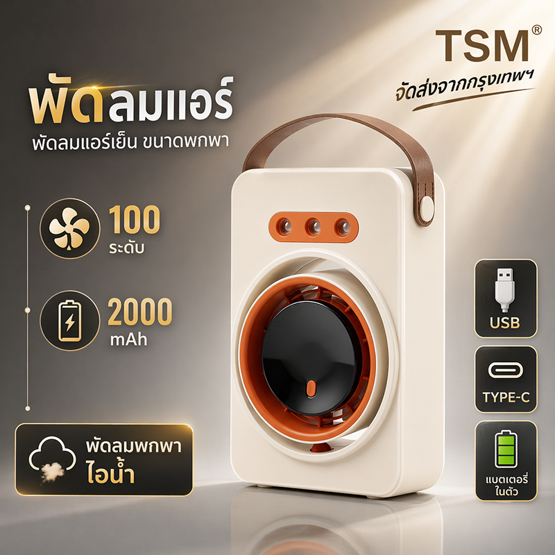พัดลมไอน้ำ เย็นเร็ว 3 วิ  ลมแรง 100 ระดับ พัดลมแอร์พกพา 2000mAh ชาร์จ USB ใช้ได้ทั้งวัน รุ่น TSM-HF2608