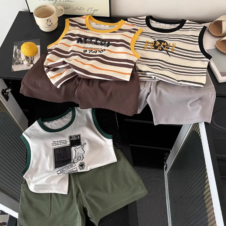Babyonline(Y277)N5 (ส่งด่วน1วัน)ชุดเซ็ตแฟชั่นเด็กผู้ชายเสื้อกล้ามกางเกงขาสั้นลายสุดเท่ ผ้าฝ้าย