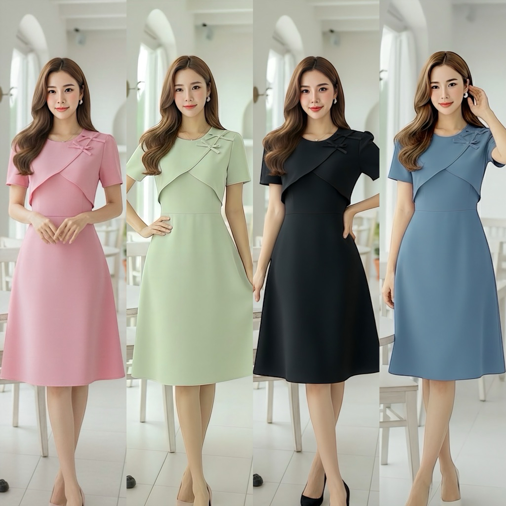 [พร้อมส่ง] IRIS DRESS - เดรสแต่งโบว์มีเลเยอร์ 2 ชั้นทรง A-Line ป้าย VERA ชุดไปงานแต่ง ชุดไปคาเฟ่ by Lamoon apparel
