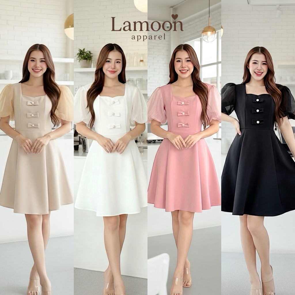 [พร้อมส่ง] Annie dress -เดรสแขนบอลลูนฟรุ๊งฟริ๊ง ป้าย VERA ดีเทลโบว์ ชุดไปงานแต่ง ชุดไปคาเฟ่ ผ้าบาร์บี้ by Lamoon Apparel