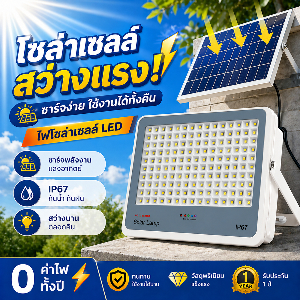 ⚡ซื้อ 1 แถม 1⚡ไฟโซล่าเซลล์ 1500000W โซล่าเซลล์  กันน้ำและกันฟ้าผ่ Solar Light แสงสีขาว พร้อมรีโมท