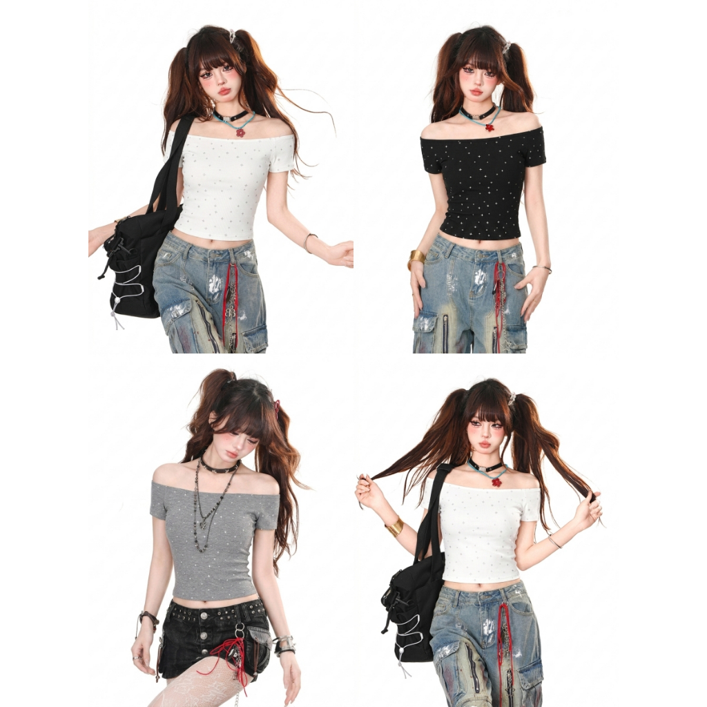 เสื้อเปิดไหล่ เสื้อแขนสั้นผู้หญิง ลายดาว ใส่ได้ทุกวัน สไตล์สาวสวย รัดรูป เซ็กซี่สไตล์หวานเท่ #222434