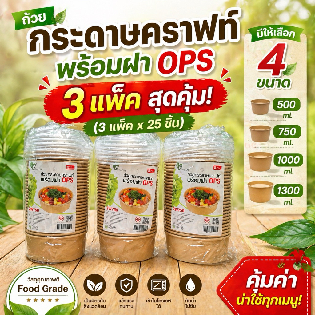 ถ้วยกระดาษคราฟท์ พร้อมฝาใส OPS 500/750/1000 ml (25,75ชุด/แพ็ค) ใส่อาหาร ใส่ข้าว ทนร้อน เข้าไมโครเวฟได้